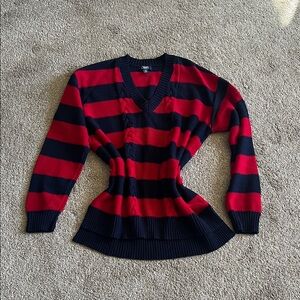 Chaps Ralph Lauren Red Navy Rugby Stripe V-Neck Sweater Women’s L High-Low Hem